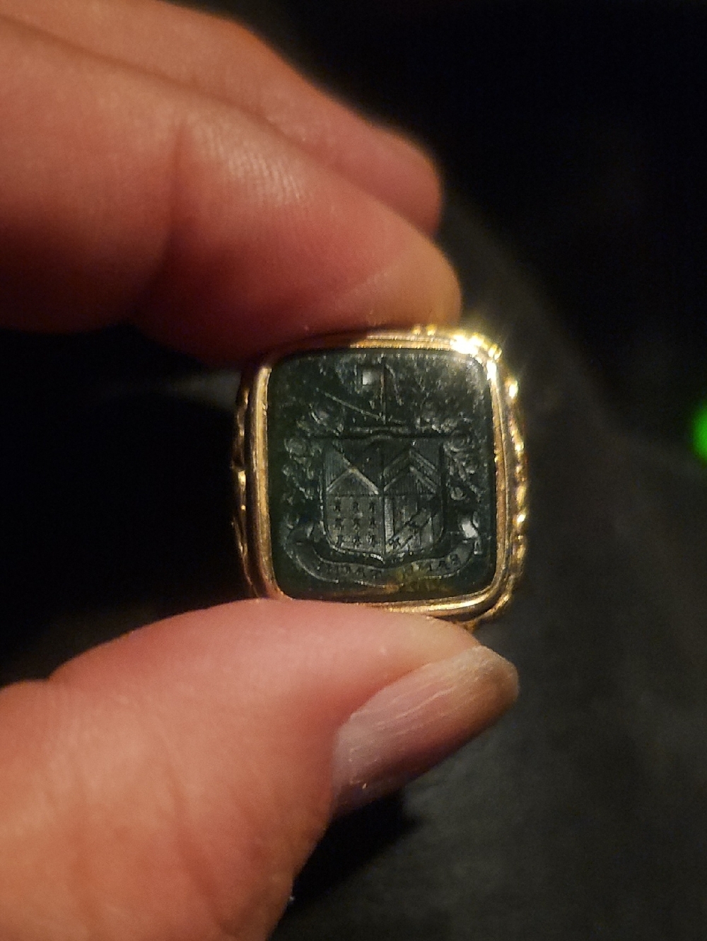 Gold-Tone Men's Signet Ring with Dark Green Intaglio